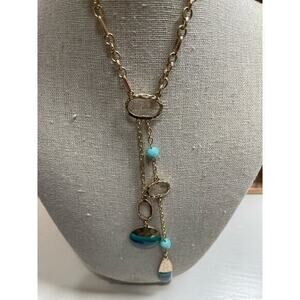 NWT Gold Long Chain Necklace, Turquoise &‎ Teal Accents & Beads & Hammered Gold